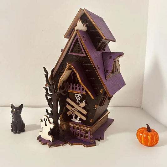 3D Wooden Halloween Puzzle DIY Haunted House Kit with Light-up Ghosts Halloween Party Centerpiece Interactive Decoration