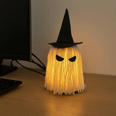 Luminous Halloween Hanging Ghost Light LED White Tassels Specter Ornaments with Hat DIY Expression Mop Head Desktop Decoration
