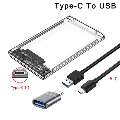 2.5'' External Hard Drive Enclosure USB 3.0 / 3.1 USB C to SATA III HDD Adapter 5Gbps Tool Free Clear External Hard Drive Case