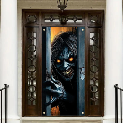 One Halloween door decoration, a terrifying zombie peeping banner, eerie monsters, a front door curtain, terrifying decorations