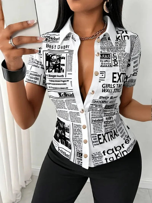 Women's Elegant Blouses Summer Fashion Newspaper Pattern Print Single Breasted Short Sleeve Women Shirt V-neck Casual Tops Shirt
