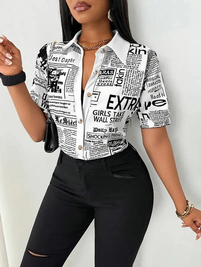 Women's Elegant Blouses Summer Fashion Newspaper Pattern Print Single Breasted Short Sleeve Women Shirt V-neck Casual Tops Shirt