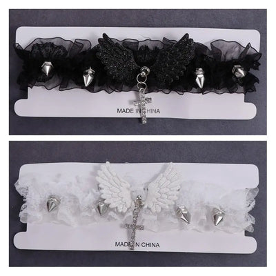 Lolita Solid Color Women's Necklace Angel Wings Wide Lace Lace Choker Cool Punk Style Leather Necklace Gift