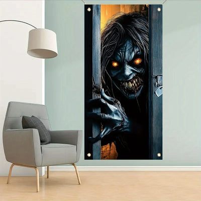 One Halloween door decoration, a terrifying zombie peeping banner, eerie monsters, a front door curtain, terrifying decorations