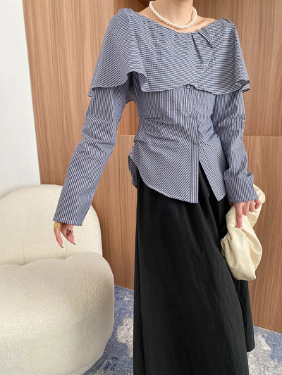 Spring women's casual striped ruffle collar long sleeved slim fit shirt