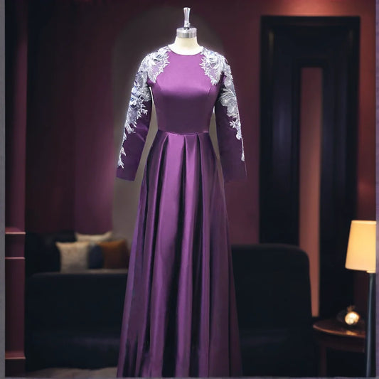 Chic Appliques Draped Evening Dresses for Pretty Women Long Sleeve Floor Length O-Neck Dreaped Gowns Special Event Vestidos 2025