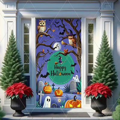 Horror Halloween Theme Background Vertical Hanging Cloth Door Decoration Witch  Bat Backdrop Supplies Room Decor Props Kid Gifts
