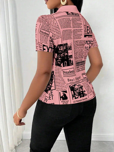 Women's Elegant Blouses Summer Fashion Newspaper Pattern Print Single Breasted Short Sleeve Women Shirt V-neck Casual Tops Shirt