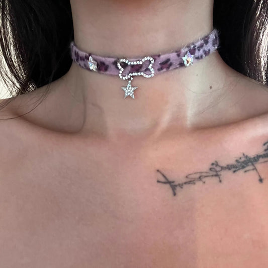 Plush Leopard Bone Necklace Choker Korean Kawaii Fashion Star Pendant Necklace Harajuku Sexy Accessories Women Y2K Jewelry Gift