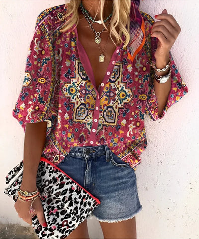Women's Shirts & Blouses Spring Summer New Fashion Vintage Printed Casual Vacation Bohemian Style Lady Single-breasted Shirt Top