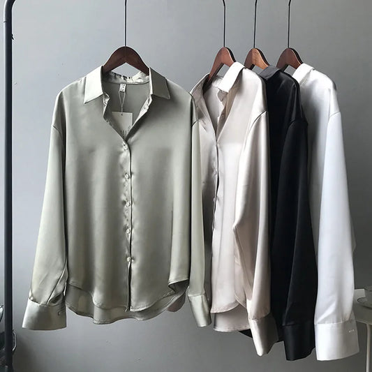 Women Shirt Turn-down Collar Solid Color Satin Blouses Fashion Autumn Office Lady Elegant Tops Spring Long Sleeve Clothing