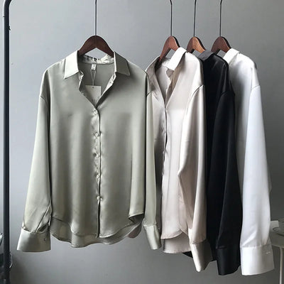 Women Shirt Turn-down Collar Solid Color Satin Blouses Fashion Autumn Office Lady Elegant Tops Spring Long Sleeve Clothing