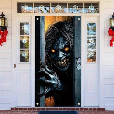 One Halloween door decoration, a terrifying zombie peeping banner, eerie monsters, a front door curtain, terrifying decorations
