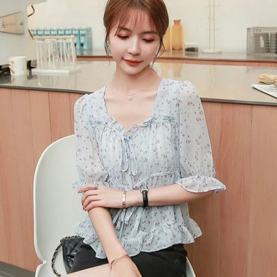 Camisas y blusas para mujer Top sencillo con volantes y estampado Nueva colección 2024 Moda coreana Novedades de verano con estilo Talla M