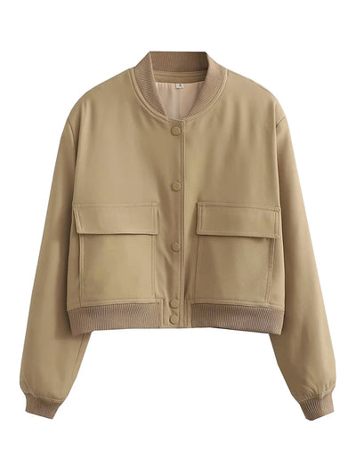 TRAF Women's Bomber Jacket Long Sleeve Coat with Pockets Retro Front Button Jacket Elegant High Street Jacket New Jacket Tops