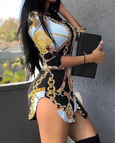 Shirt Dress for Women 2024 Summer Fashion Chain Print Turn-Down Collar Long Sleeve Casual Button Daily Mini Asymmetrical Dresses