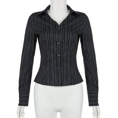 Chic Elegant Striped Button-up Shirt Black Casual Basic Women Slim-fitting Blouse Vintage Turn-down Collar Long Sleeve Tops