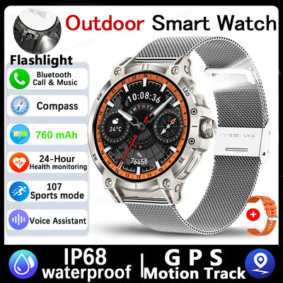 Military Smart Watch Men 760mAh Large Battery LED Flashlight Compass 1.8