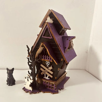 3D Wooden Halloween Puzzle DIY Haunted House Kit with Light-up Ghosts Halloween Party Centerpiece Interactive Decoration