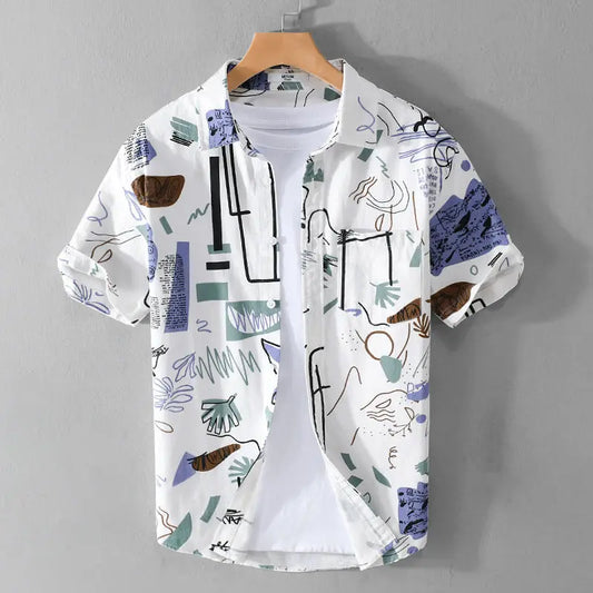 Summer Casual Beach Style Printed Short-sleeved Men Shirt Comfortable Loose Versatile Cardigan