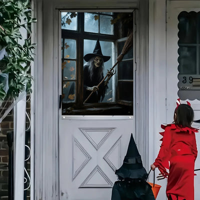 The Halloween party of the haunted house witch in the window, the witch wearing a hat and a broom emerging from the foggy window