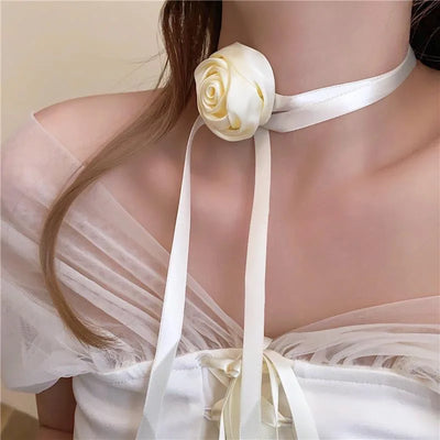 White Lace Necklace Verstile Long Ribbon Layered Clavicle Chain Choker for Girls Daily Wear Neck Decoration Jewelry