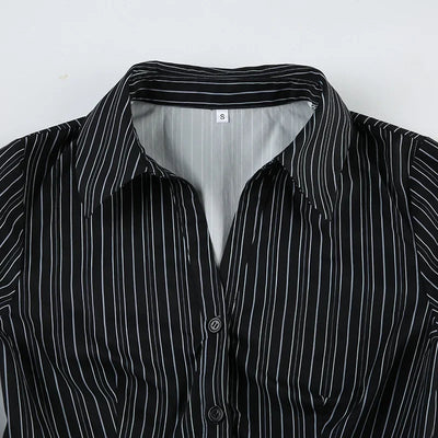 Chic Elegant Striped Button-up Shirt Black Casual Basic Women Slim-fitting Blouse Vintage Turn-down Collar Long Sleeve Tops