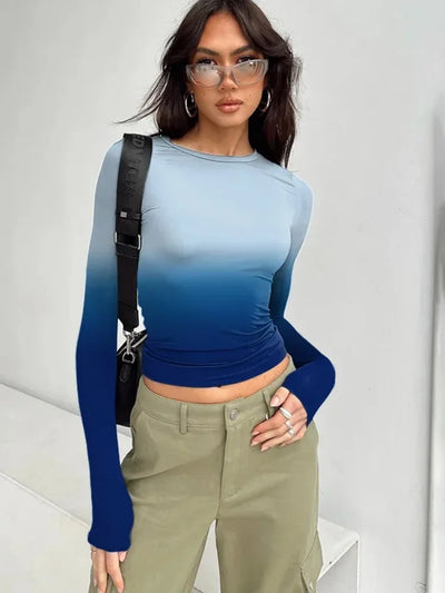 Gradient Color T Shirts For Women Aesthetic Clothes Long Sleeve Crop Top Y2k Accessories O-neck Tshirt Slim Fit Ropa De Mujer