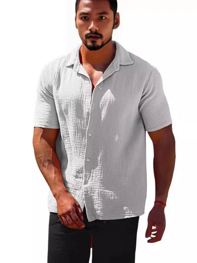 2025 Shirts  Summer Hot Selling Lapel Solid Color Short Sleeve Button Loose Breathable Sweat Absorption Men Casual Shirt Men