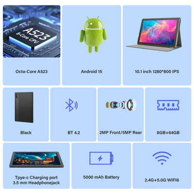 ANRY 10.1 Inch Tablet Octa-core Android 15 8GB(4+4 Expand) RAM+64GB ROM 5000Mah IPS Display A523 Dual Camera 5G Wifi 6 Tablet