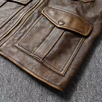 Men's Genuine Leather Jacket Natural Cowhide Hunting Jacket First Layer Cowhide American Retro Motorcycle Jacket Short Jacket