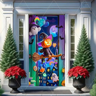 Horror Halloween Theme Background Vertical Hanging Cloth Door Decoration Witch  Bat Backdrop Supplies Room Decor Props Kid Gifts