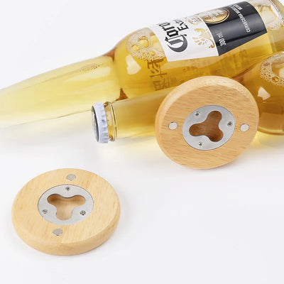 7cm Round Oak Wood Beer Bottle Opener with Magnetic Fridge Magnet, Personalised Logo for Promotion Wedding Gift