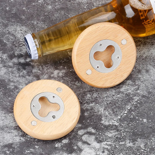 7cm Round Oak Wood Beer Bottle Opener with Magnetic Fridge Magnet, Personalised Logo for Promotion Wedding Gift