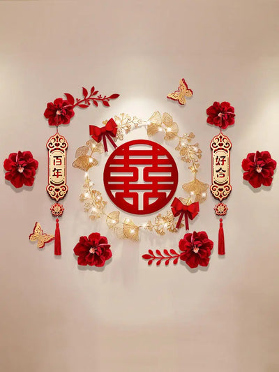 Chinese Happy Wedding Room Decor LED Shiny 3D Red Flower Bedroom TV Background Window Wall Engagement Party Decoration DIY