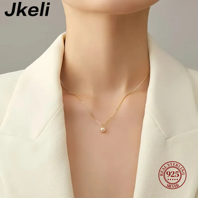 Jkeli S925 Sterling Silver Pearl Necklace Elegantly Simple Lockbone Chain Versatile Minimalist Jewelry Accessory