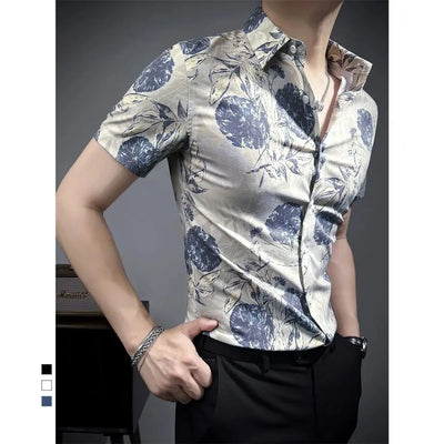 Men's short-sleeved shirt, summer slim-fit handsome fashion ice silk shirt trendy and unique print