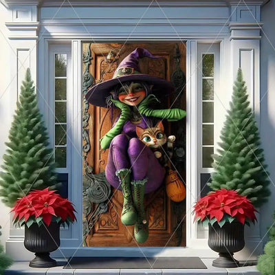 Horror Halloween Theme Background Vertical Hanging Cloth Door Decoration Witch  Bat Backdrop Supplies Room Decor Props Kid Gifts