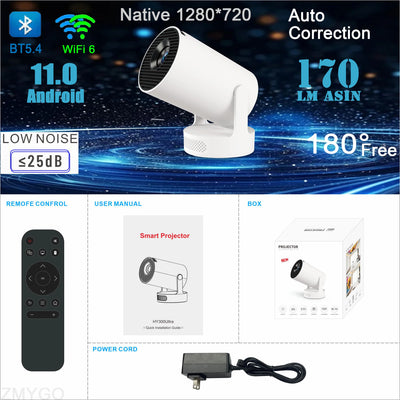 HY300 Ultra Smart Projector Movie Android 11 WiFi 6 BT 5.4 Soundbase Speaker Home Theater Movie 2025 New 4K Portable Projector