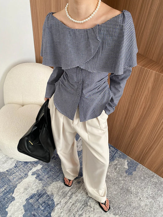Spring women's casual striped ruffle collar long sleeved slim fit shirt