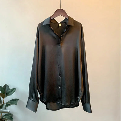 Women Shirt Turn-down Collar Solid Color Satin Blouses Fashion Autumn Office Lady Elegant Tops Spring Long Sleeve Clothing