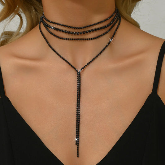 1 piece women's fashion multi-layered tassel necklace with black rhinestones long snake bone chain necklace for women's daily we