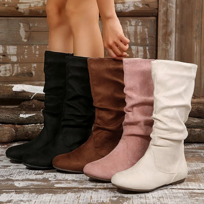 Botas altas hasta la rodilla para mujer, zapatos informales de cuero con tacón bajo plisado, color negro y blanco, para primavera, 2024