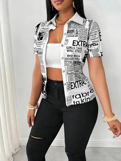 Women's Elegant Blouses Summer Fashion Newspaper Pattern Print Single Breasted Short Sleeve Women Shirt V-neck Casual Tops Shirt