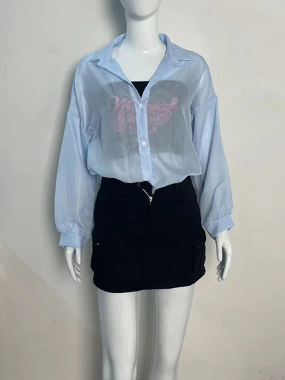 Shirt for Women Blouse Long Sleeve Top Chiffon Summer Simple Sun-proof Fashion All-match Basic Korean Sexy Solid Casual Shirt
