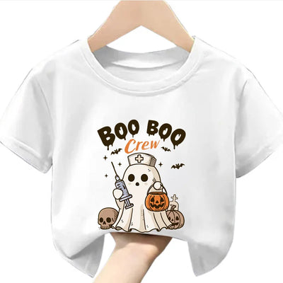 Halloween Print  A Stylish Children's T-shirt with A Printed Imagination Cartoon  Pattern Featuring A Round Neck