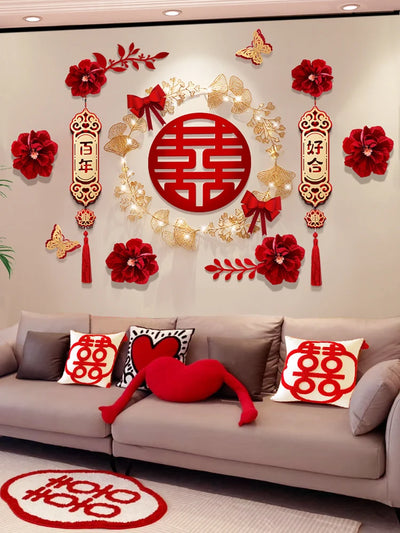Chinese Happy Wedding Room Decor LED Shiny 3D Red Flower Bedroom TV Background Window Wall Engagement Party Decoration DIY