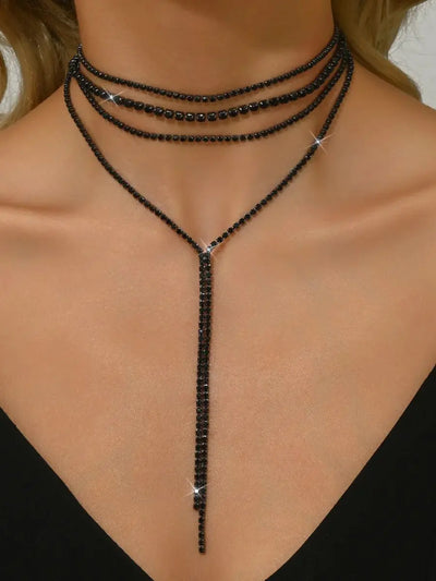 1 piece women's fashion multi-layered tassel necklace with black rhinestones long snake bone chain necklace for women's daily we