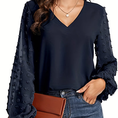 [Dot Sleeve Shirt For Spring] Swiss Dot Sleeve Shirt, Casual V Neck Solid Shirt For Spring & Fall, Women's Clothing