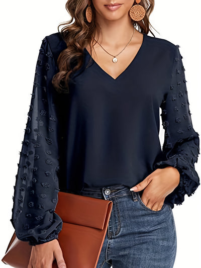 [Dot Sleeve Shirt For Spring] Swiss Dot Sleeve Shirt, Casual V Neck Solid Shirt For Spring & Fall, Women's Clothing
